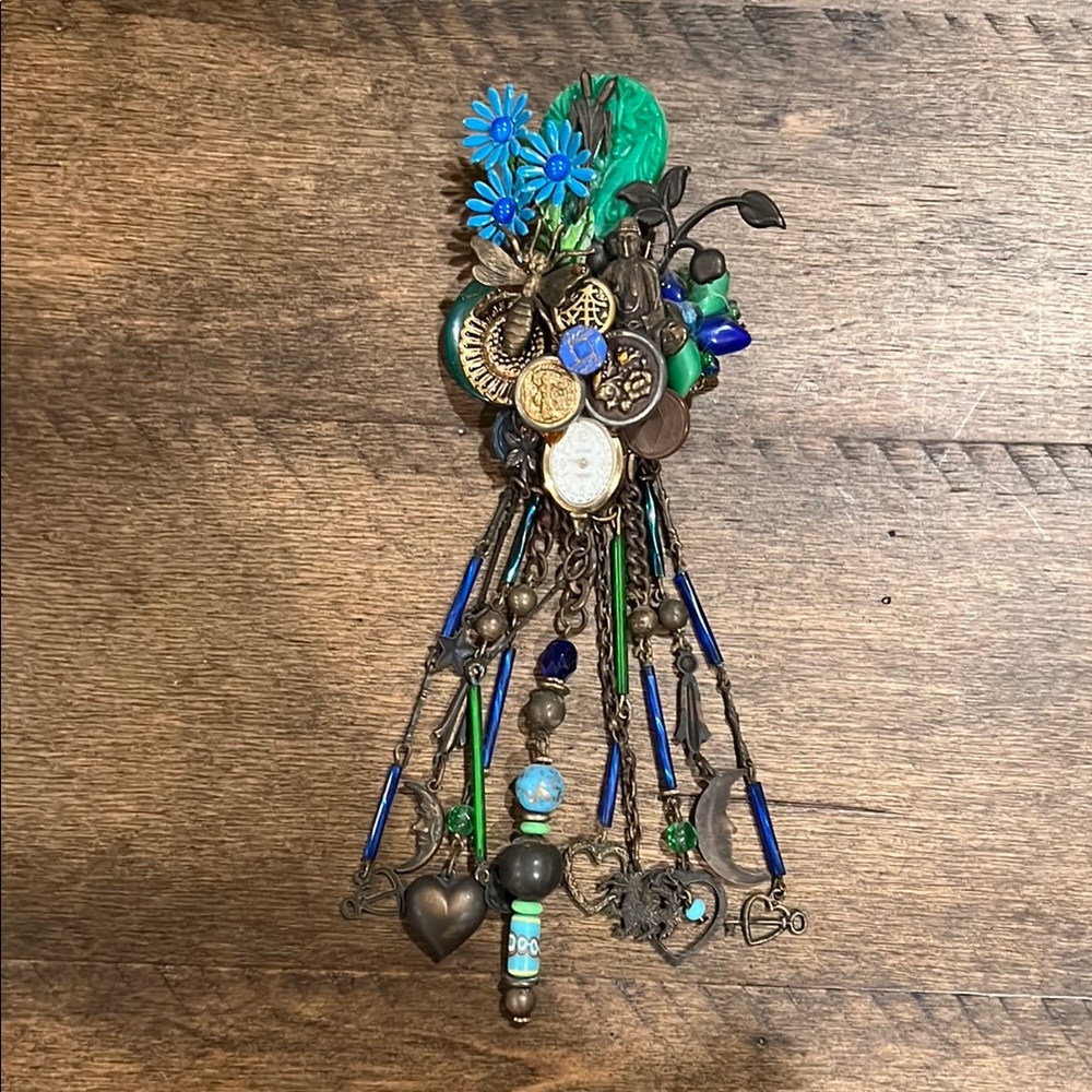 Artist-Signed Bohemian Charm Brooch/Bolo Necklace with Blue and Green Accents